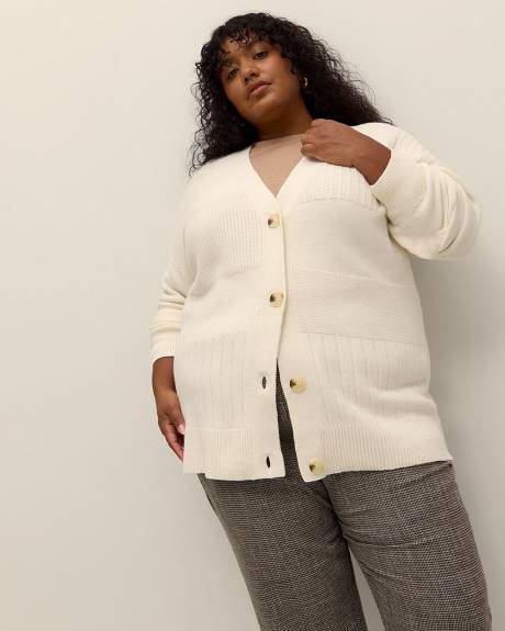 Cardigan à mailles patchwork et col en V, tissu responsable