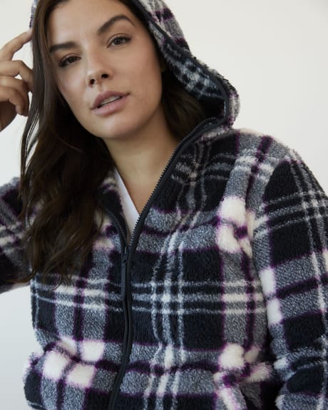 Sherpa Zippered Plaid Jacket with Hood - Active Zone