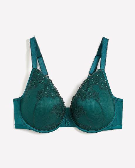 Underwire Padded Plunge Bra with Sequined Lace - Déesse Collection