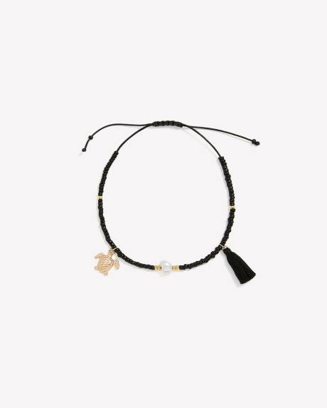 Black Beaded Cord Bracelet with Turtle Pendant
