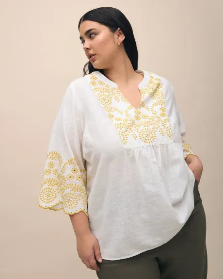 3/4-Sleeve Split-Neck Cotton Blouse with Embroidery