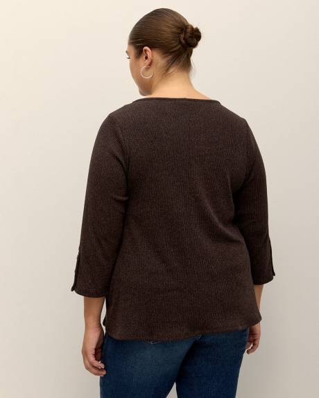 Ribbed Knit Swing Top with Buttons at Sleeves