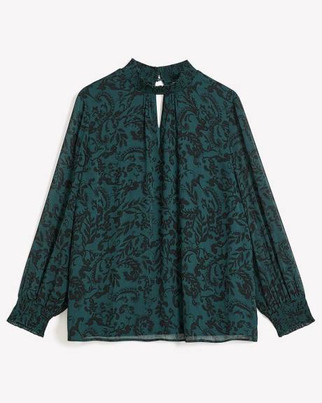 A-Line Blouse with Smocking Mock Collar