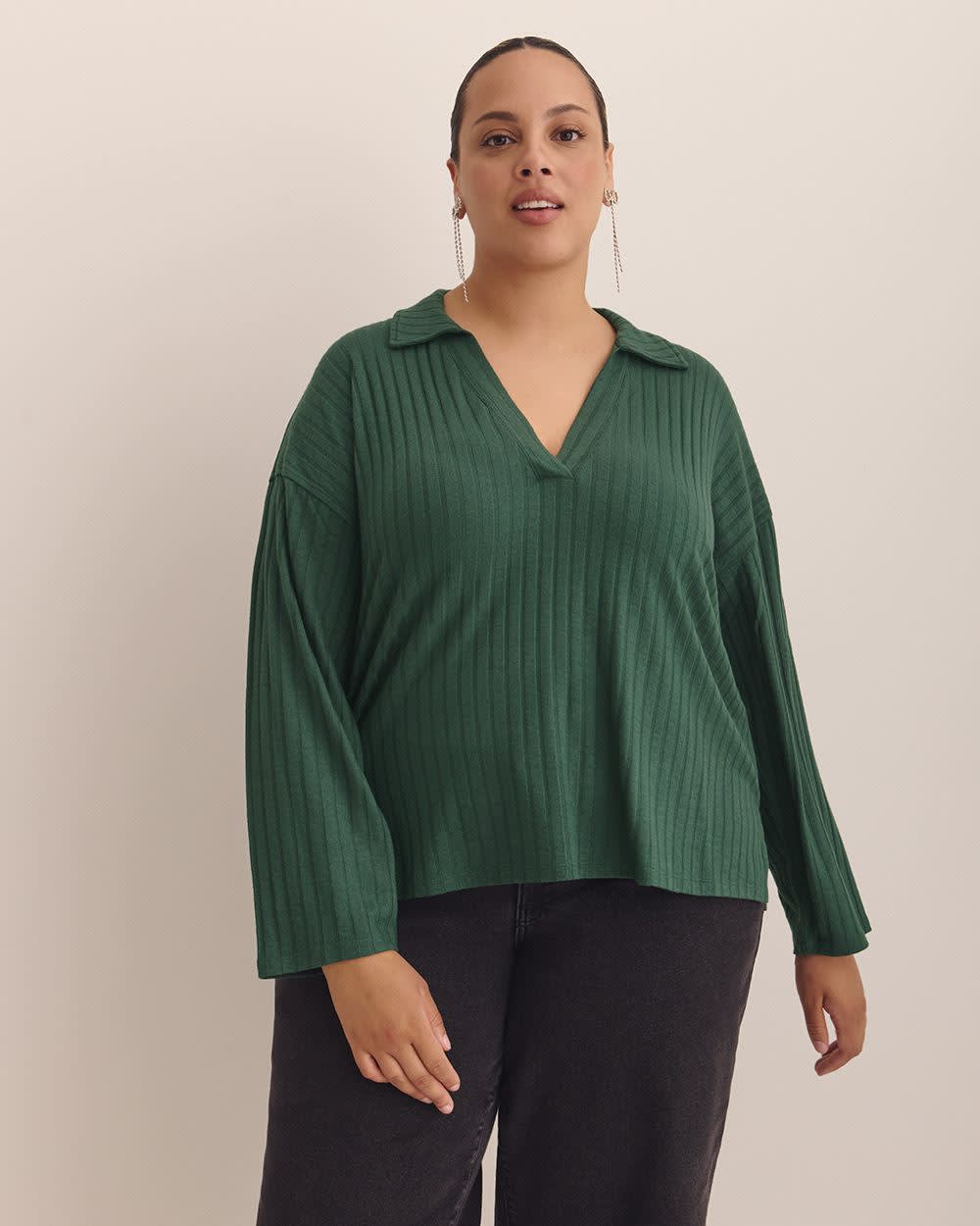 Ribbed Knit Polo Sweatshirt