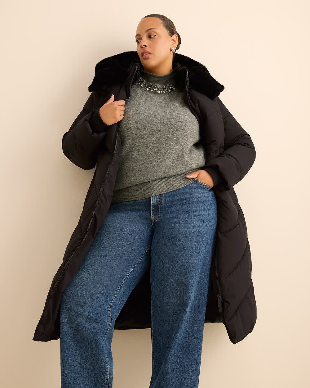 Manteau matelassé long, tissu responsable Manteau matelassé long, tissu responsable