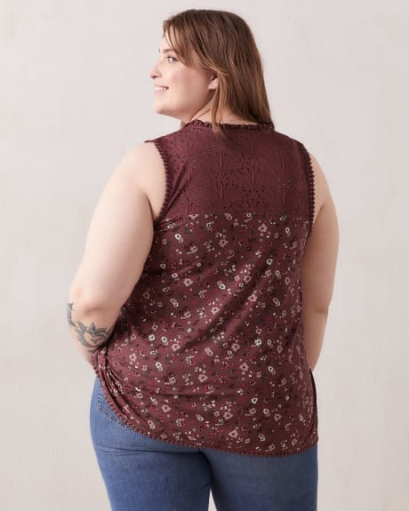 Printed Sleeveless Tank Top With Eyelet Yoke - In Every Story