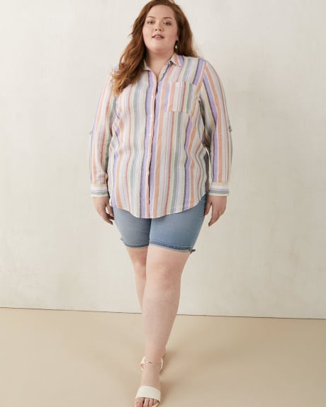 Linen Blend Striped Shirt, Roll-Up Sleeve