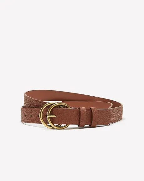Slim Pebble Faux-Leather Belt with Double-Ring Buckle