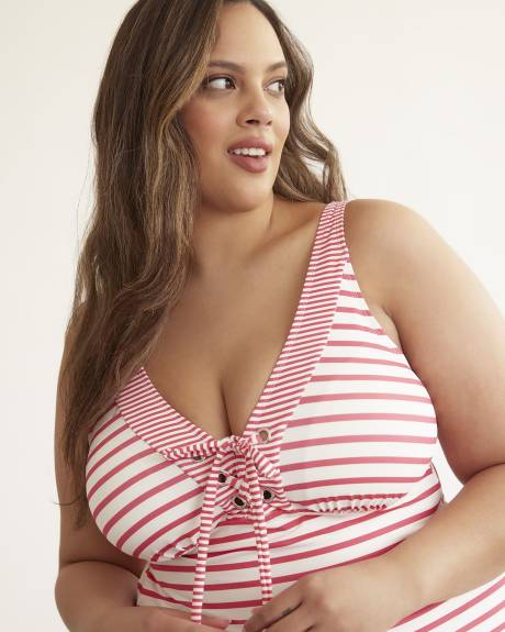 Striped V-Neck Lace-Up Tankini Top