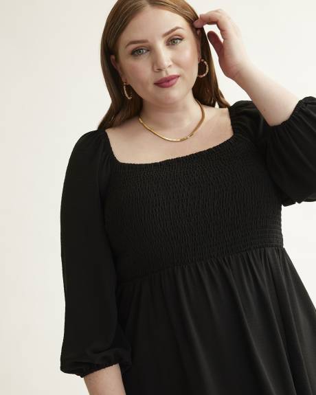 Black Smocked Midi Dress with Balloon Sleeves