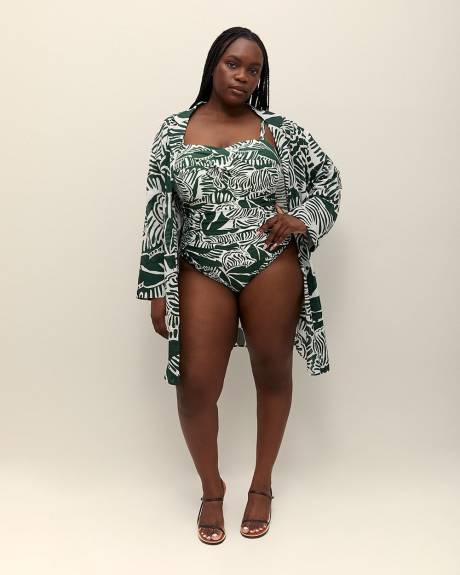 Chemisier long cache-maillot en coton à motif de feuillage