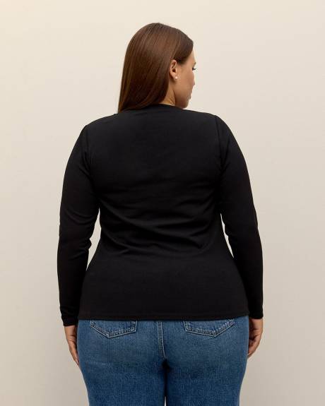 Black Laced V-Neck Knit Top with Rhinestone Cord - Addition Elle