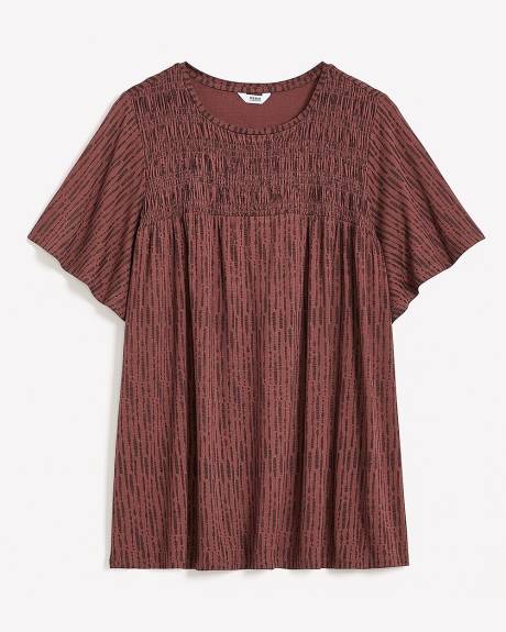 Flutter-Sleeve Knit Top with Smocked Detail