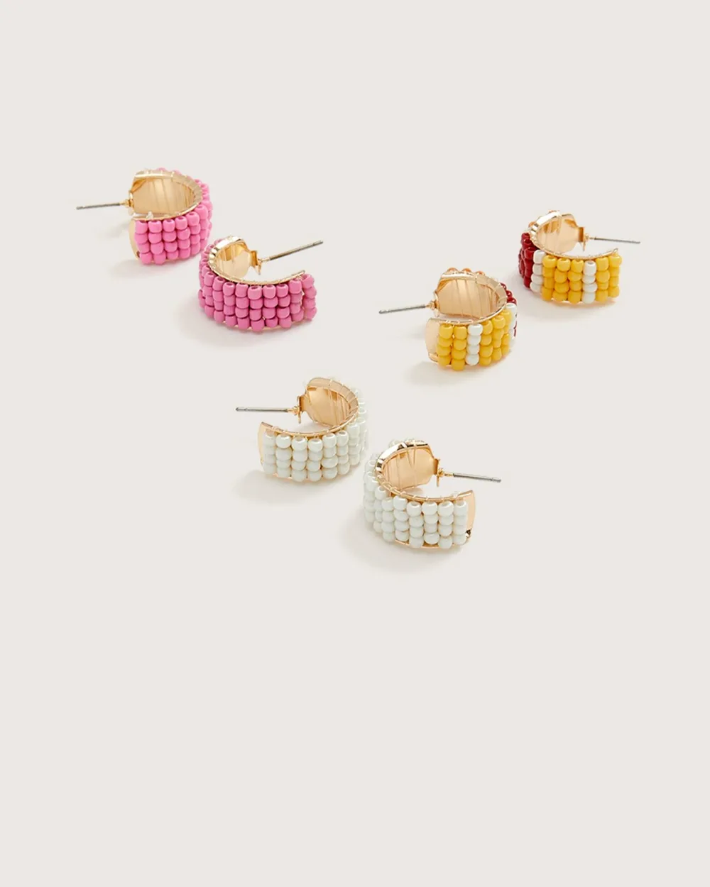 Assorted Coloured-Seedbead Mini Hoop Earrings, Set of 3