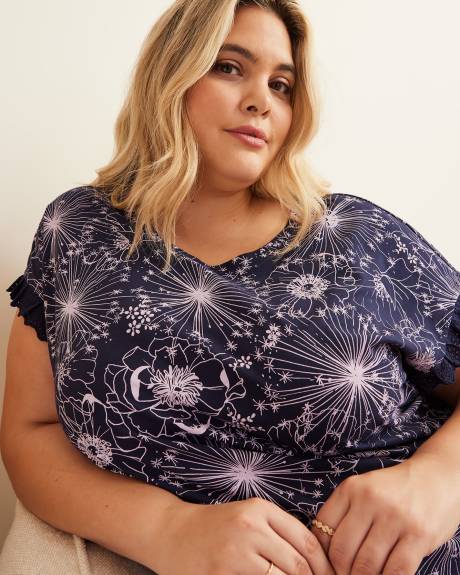 Dandelion-Print Short Sleepshirt with Eyelet Ruffles - ti Voglio