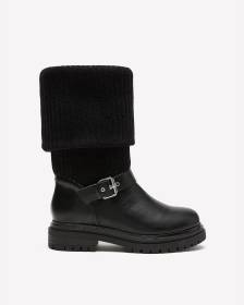 Botte mi-mollet noire avec tige en tricot, pied très large