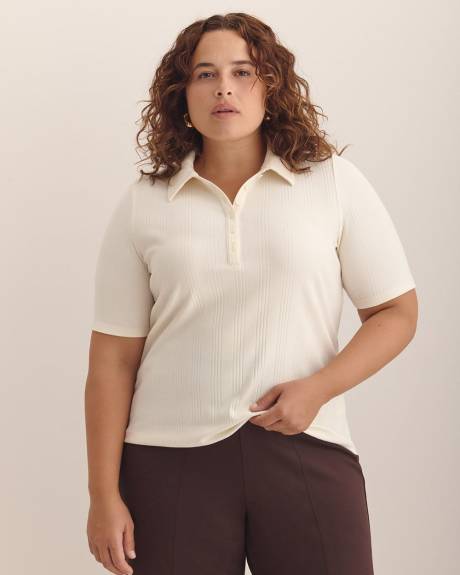 Ribbed Elbow-Sleeve Polo Knit Top