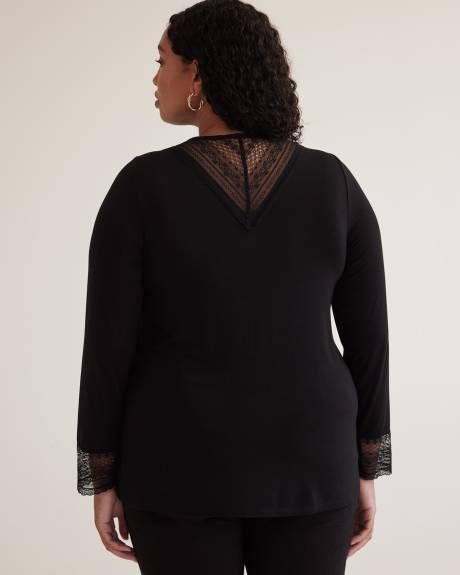 Responsible, Black Ribbed Knit Top with Lace Yoke