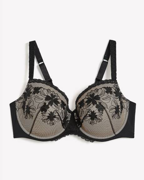 Black Underwire Padded Balconette Bra with Lace Trim - Déesse Collection