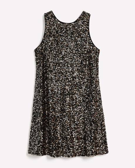 Flared Sequined Sleeveless Dress with Back Bow