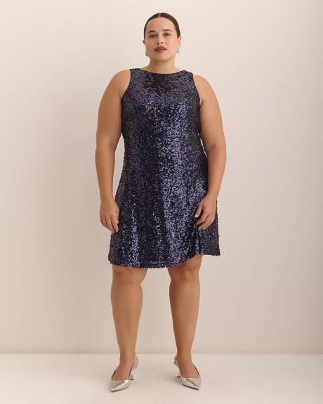 Flared Sequined Sleeveless Dress with Back Bow