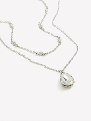 Two-Layer Short Necklace with Clear Stone Pendant