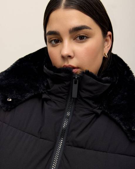 Manteau d'hiver noir matelassé long, tissu responsable