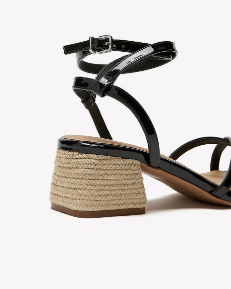Extra Wide Width, Black Strappy Sandal with Raffia Block Heel