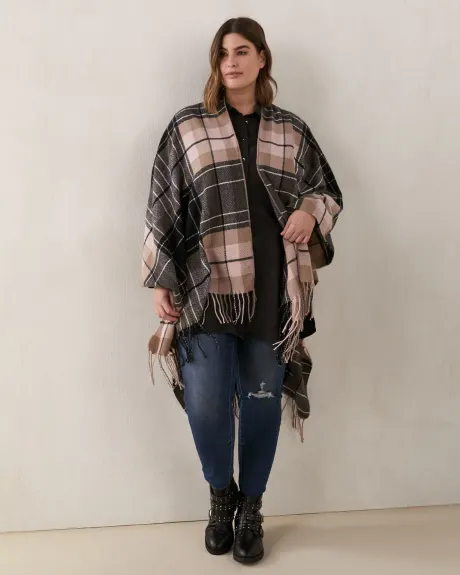 Oversized Plaid Cape With Fringe - In Every Story