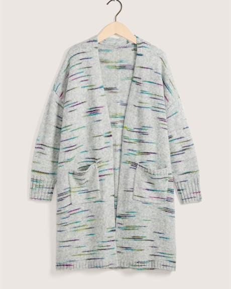 Space-Dye Tunic Open Cardigan with Patch Pockets