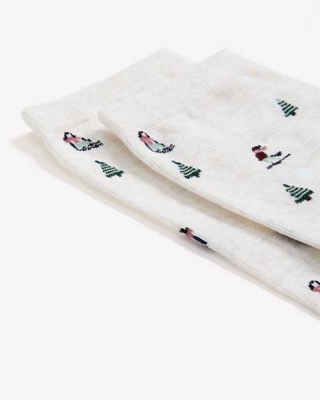 Beige Crew Socks with Ski Print