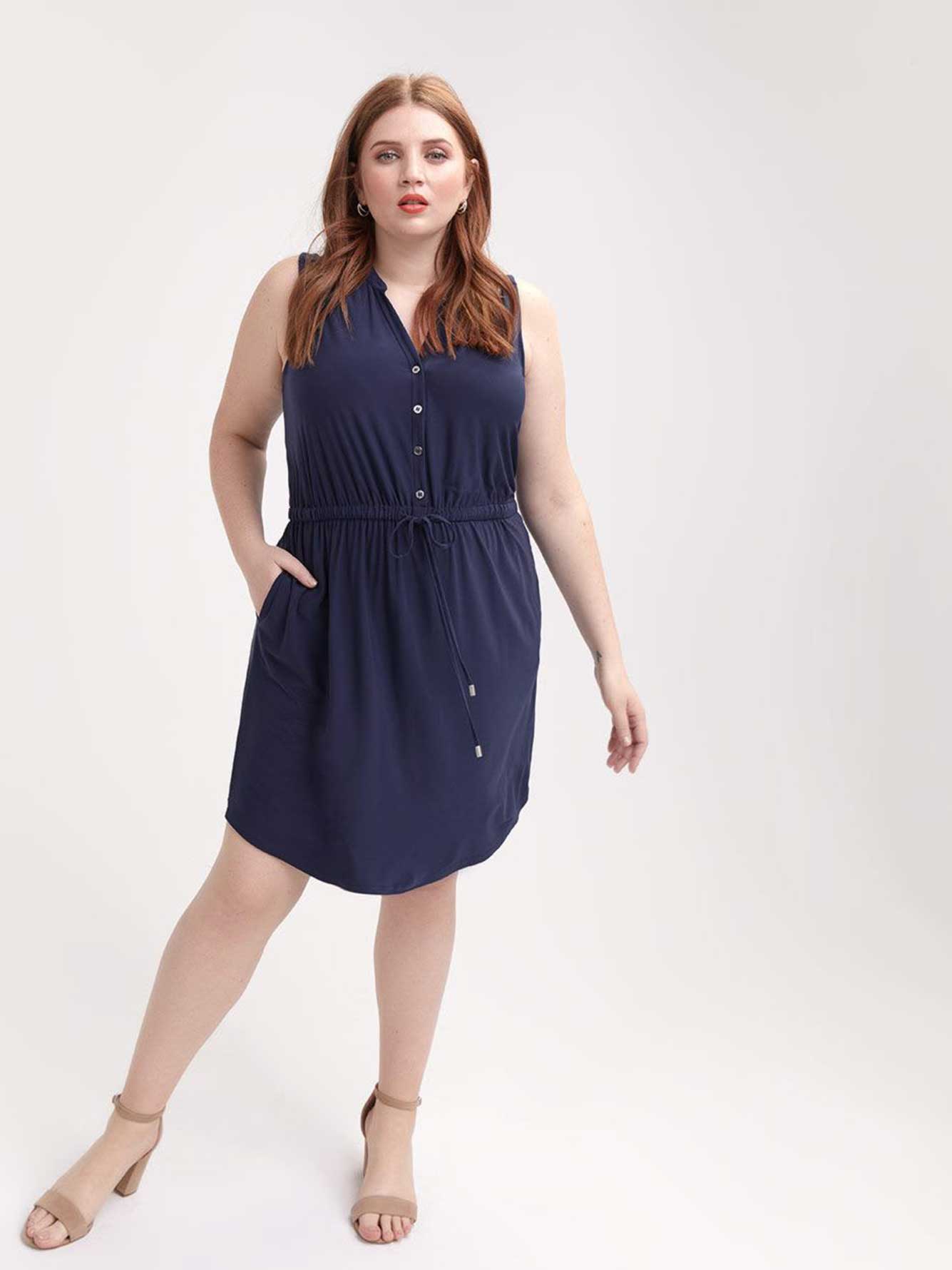 navy sleeveless shirt dress