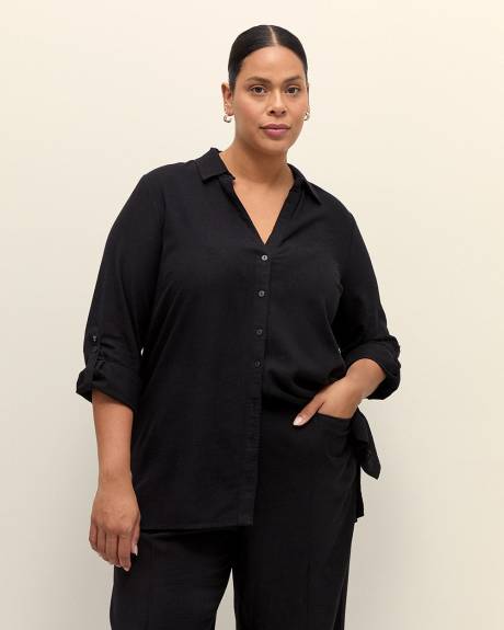 Linen Blend Tunic Shirt with Rolled-Up Sleeves