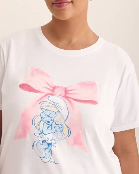 White Short-Sleeve Crewneck Tee with Smurphette Print