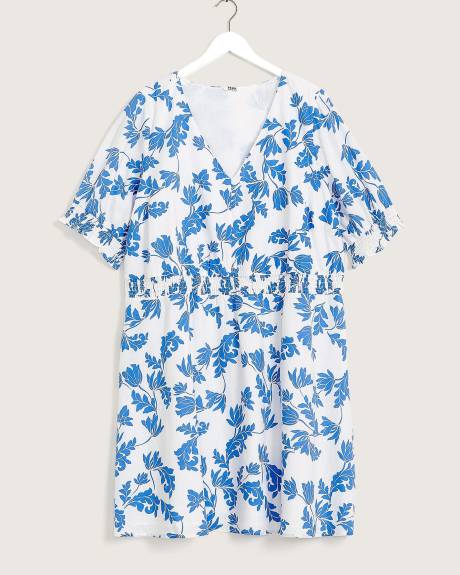 Robe imprimée feuille avec smocks, mélange de lin