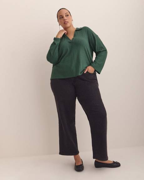 Ribbed Knit Polo Sweatshirt
