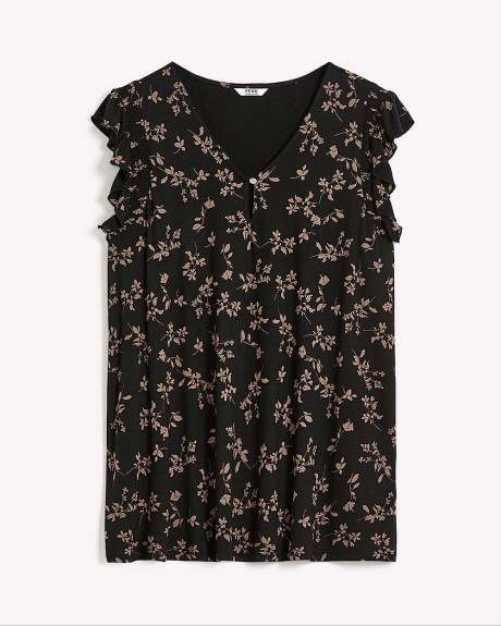V-Neck Knit Top with Short Flutter Sleeves