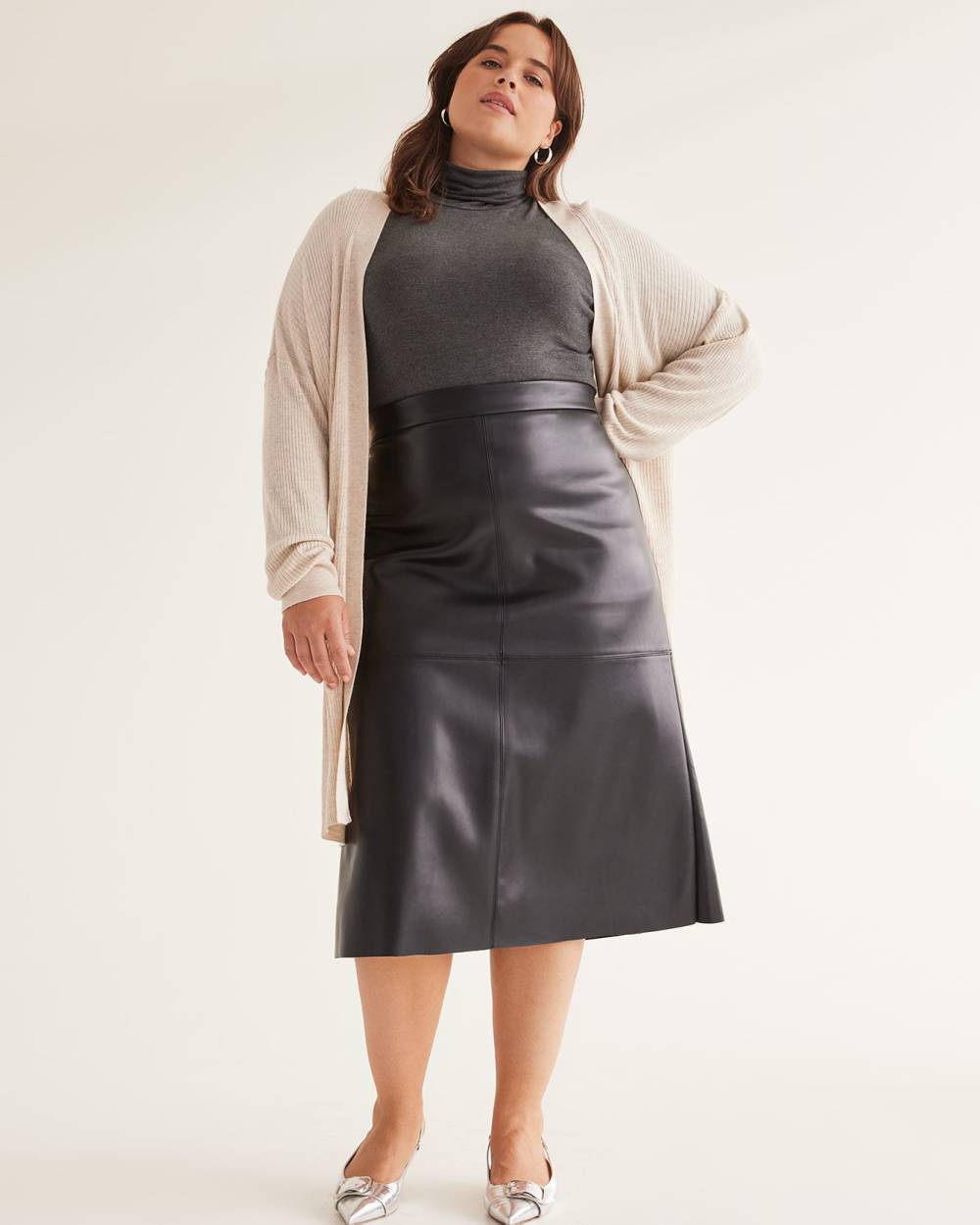 Black Faux Leather Midi Skirt | Penningtons