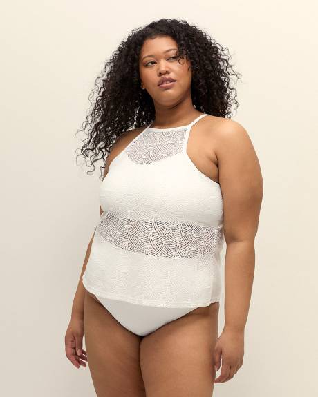 White Halter Textured Lace Tankini Top with Inner Bandeau