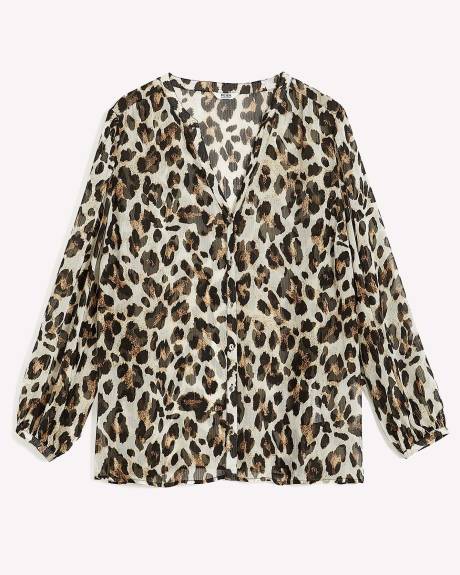 Printed Buttoned Down Blouse with Long Balloon Sleeves
