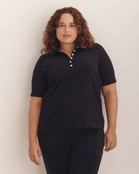 Ribbed Elbow-Sleeve Polo Knit Top
