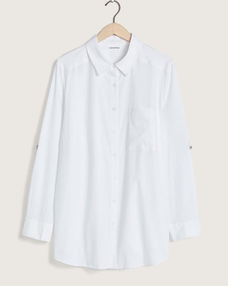 Linen Blend Button Down Tunic Shirt, Roll-Up Sleeve