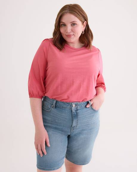 Crew-Neck Knit Top with Puffy-Sleeves