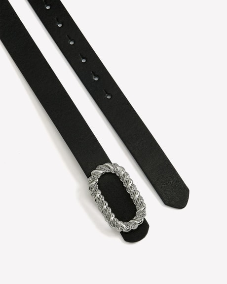 Slim Black Faux Leather Belt with Fancy Oval Buckle