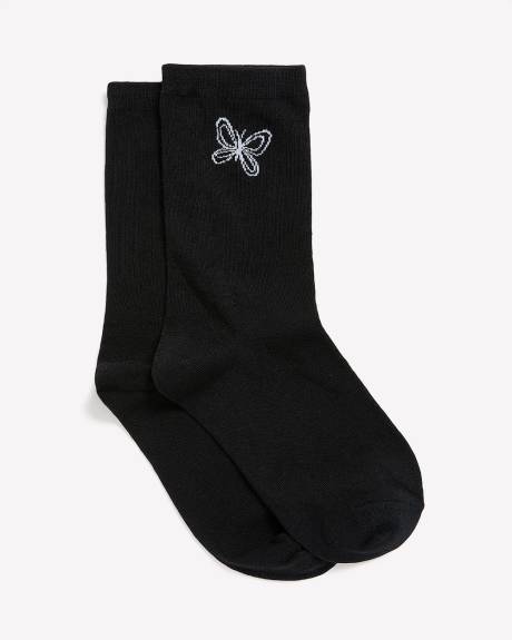 Black Crew Socks with Butterfly