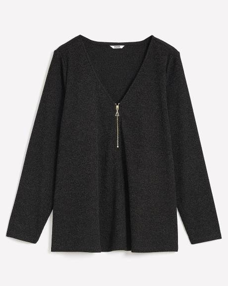 Ribbed Knit Top with Zippered V-Neck