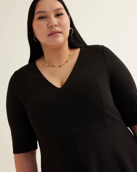 Black Fit-and-Flare Elbow-Sleeve Dress