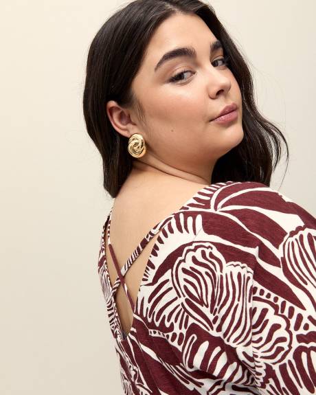 Foliage-Print Extended-Sleeve Top with Crisscross Back