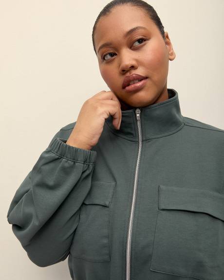 Mock-Neck Zippered Utility Jacket with Adjustable Waist - Active Zone