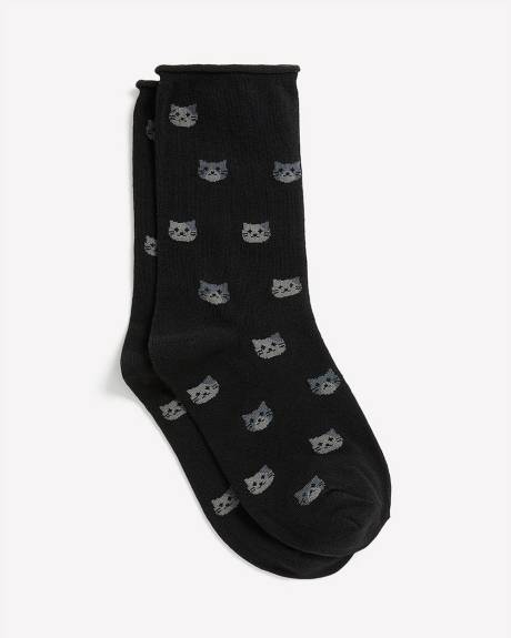 Crew Socks with Cat Print and Rolled Edge